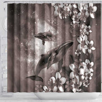 Hawaiian Lei Day Plumeria Humpback Whales Shower Curtain Polynesian Art Vibrant Starry Nebula Grayscale Style LT03 - Polynesian Pride