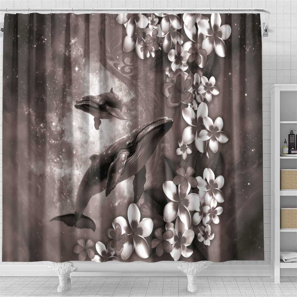 Hawaiian Lei Day Plumeria Humpback Whales Shower Curtain Polynesian Art Vibrant Starry Nebula Grayscale Style LT03 - Polynesian Pride