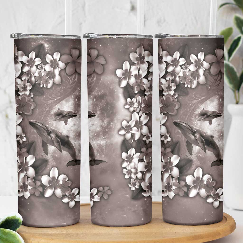 Hawaiian Lei Day Plumeria Humpback Whales Skinny Tumbler Polynesian Art Vibrant Starry Nebula Grayscale Style LT03 - Polynesian Pride
