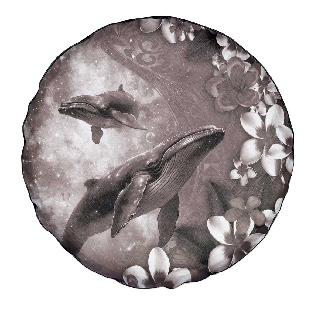 Hawaiian Lei Day Plumeria Humpback Whales Spare Tire Cover Polynesian Art Vibrant Starry Nebula Grayscale Style LT03 - Polynesian Pride