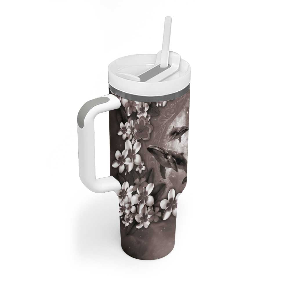 Hawaiian Lei Day Plumeria Humpback Whales Tumbler With Handle Polynesian Art Vibrant Starry Nebula Grayscale Style LT03 - Polynesian Pride