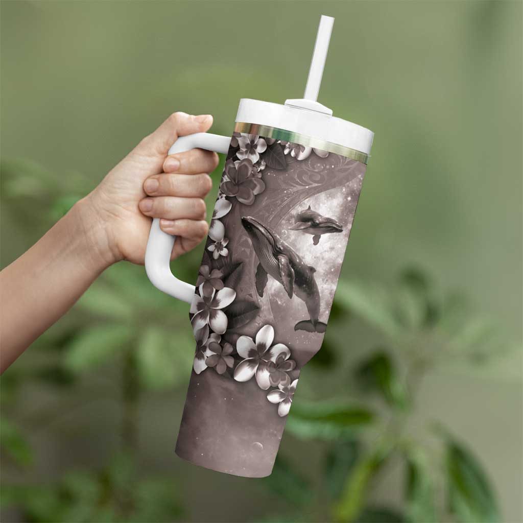 Hawaiian Lei Day Plumeria Humpback Whales Tumbler With Handle Polynesian Art Vibrant Starry Nebula Grayscale Style LT03 - Polynesian Pride