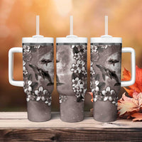 Hawaiian Lei Day Plumeria Humpback Whales Tumbler With Handle Polynesian Art Vibrant Starry Nebula Grayscale Style LT03 - Polynesian Pride