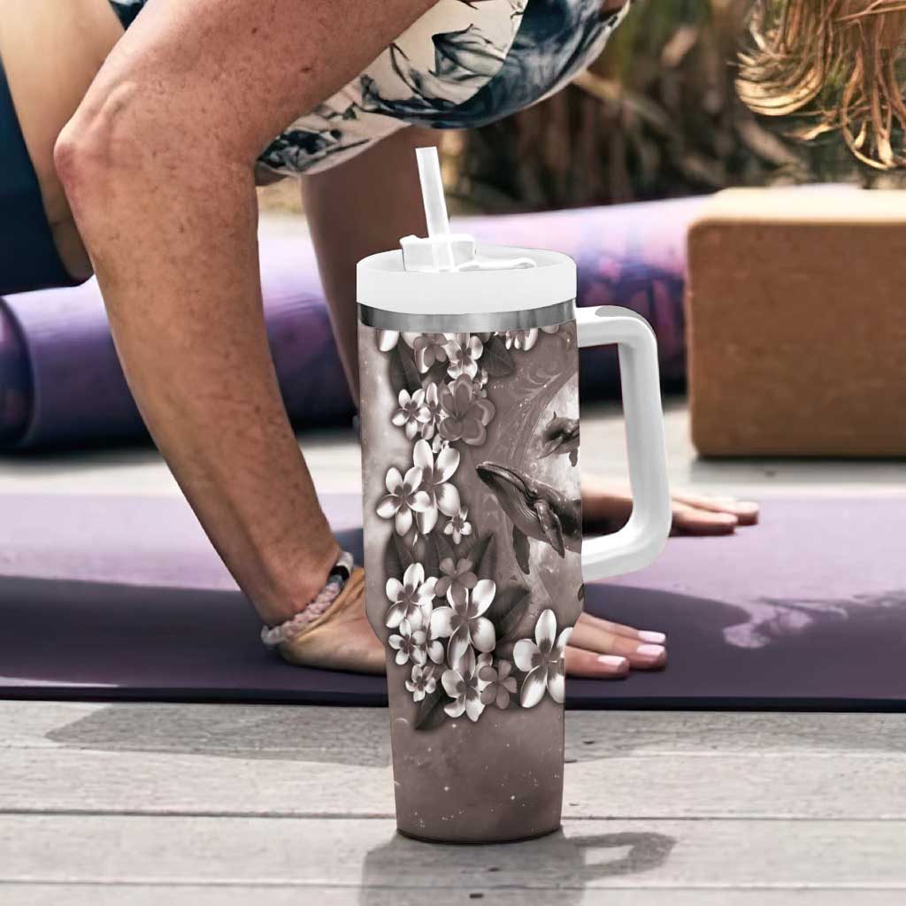 Hawaiian Lei Day Plumeria Humpback Whales Tumbler With Handle Polynesian Art Vibrant Starry Nebula Grayscale Style LT03 - Polynesian Pride