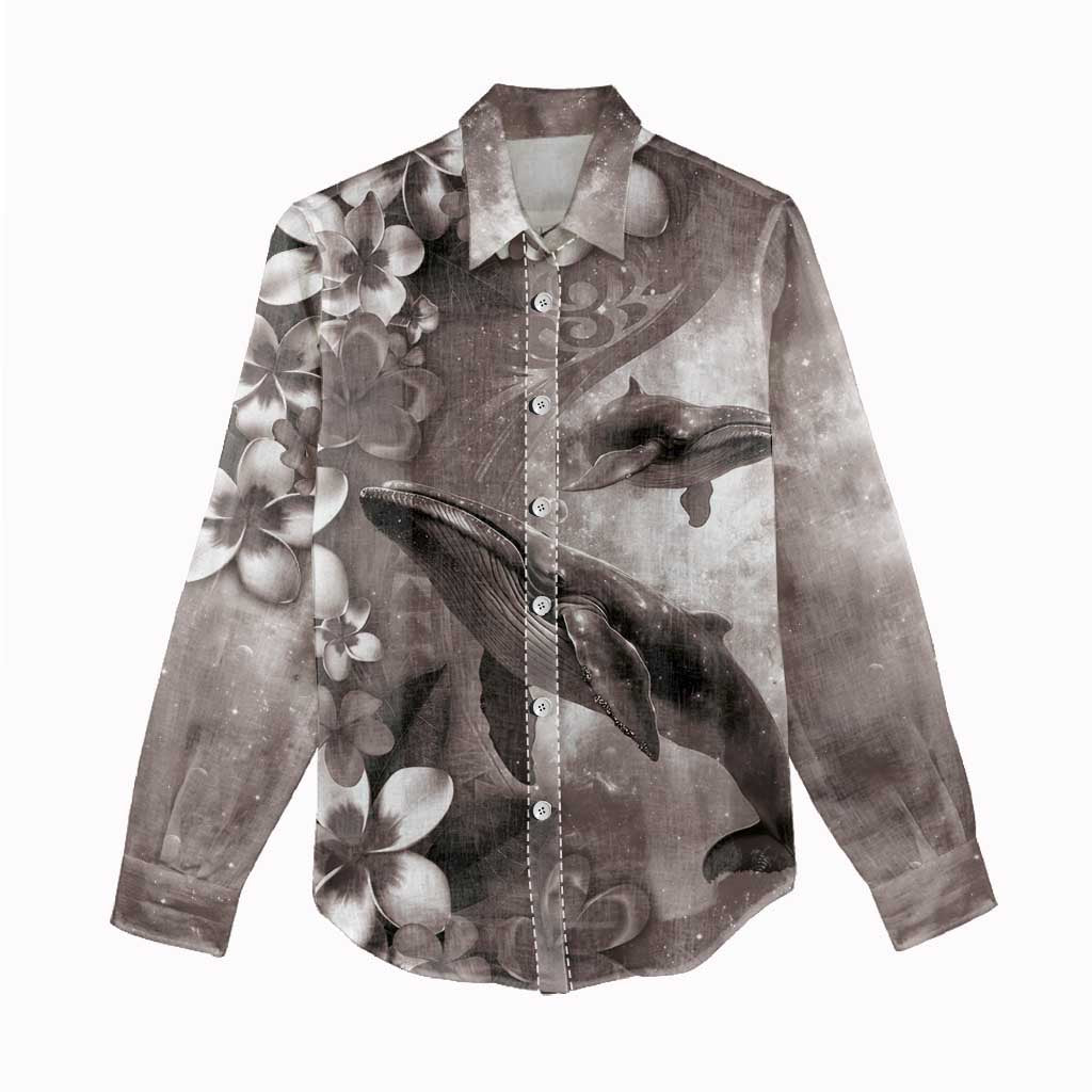Hawaiian Lei Day Plumeria Humpback Whales Women Casual Shirt Polynesian Art Vibrant Starry Nebula Grayscale Style LT03 - Polynesian Pride