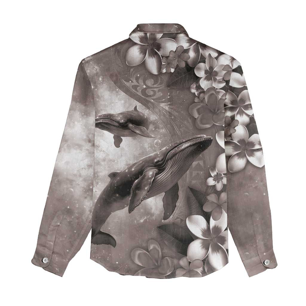 Hawaiian Lei Day Plumeria Humpback Whales Women Casual Shirt Polynesian Art Vibrant Starry Nebula Grayscale Style LT03 - Polynesian Pride