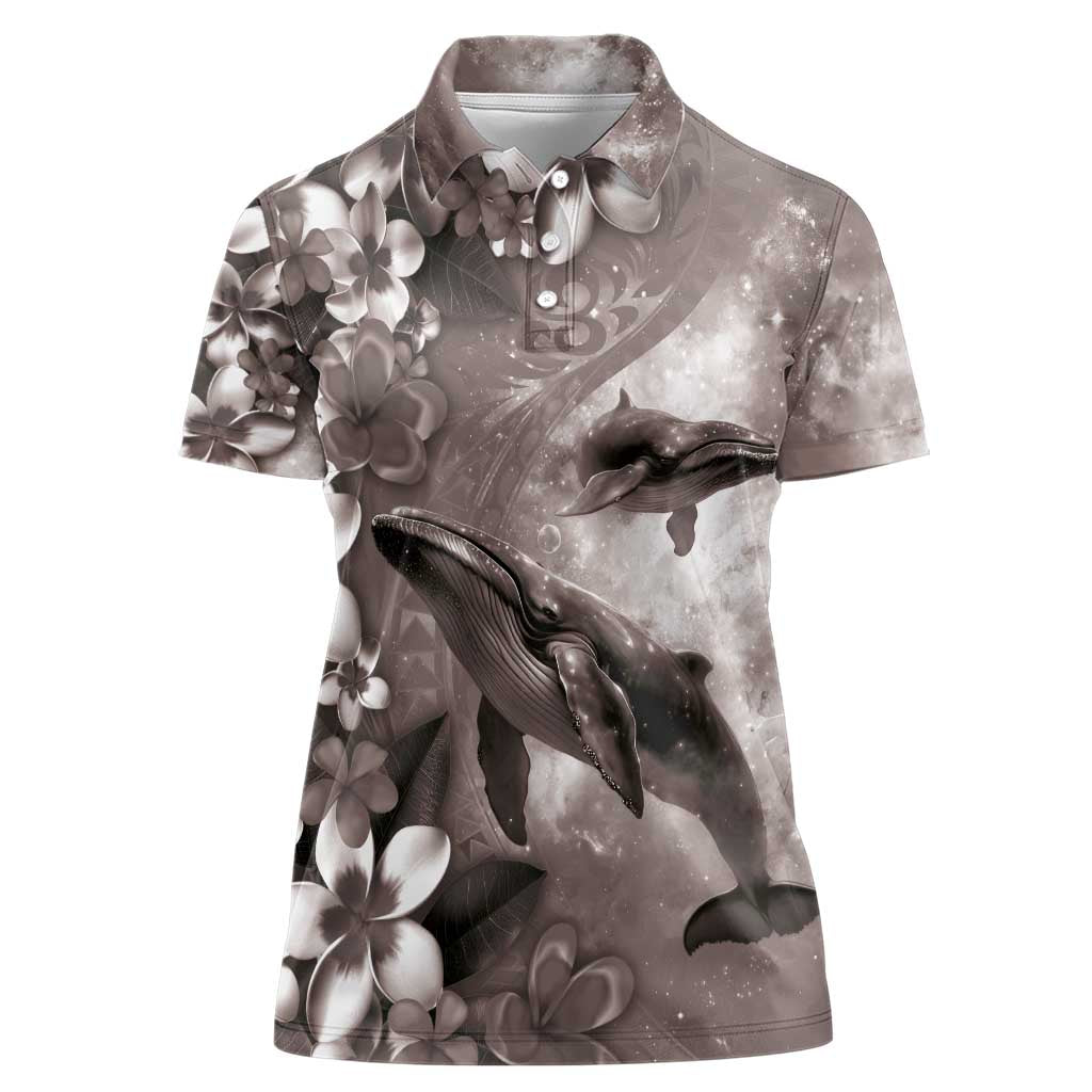 Hawaiian Lei Day Plumeria Humpback Whales Women Polo Shirt Polynesian Art Vibrant Starry Nebula Grayscale Style