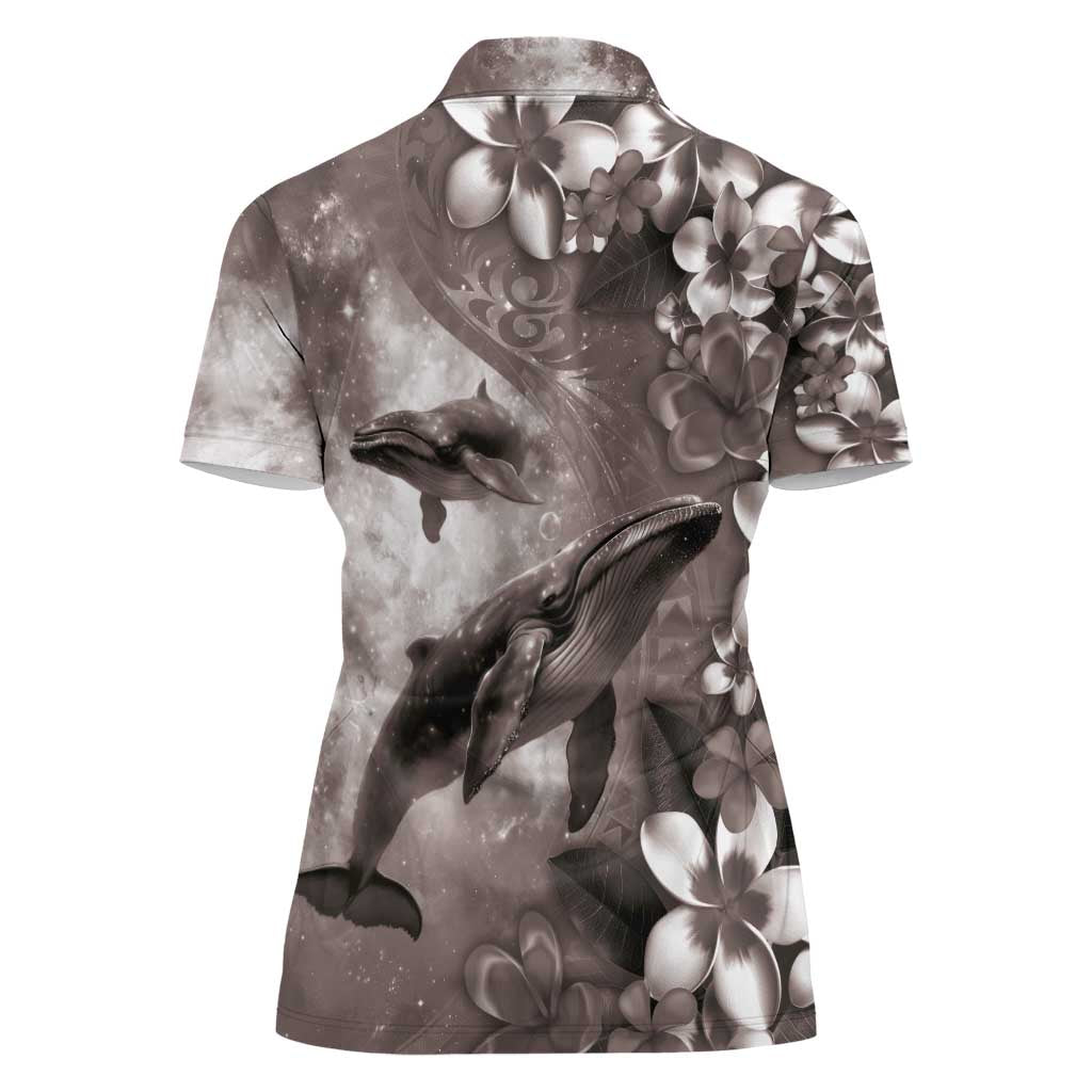 Hawaiian Lei Day Plumeria Humpback Whales Women Polo Shirt Polynesian Art Vibrant Starry Nebula Grayscale Style LT03 - Polynesian Pride