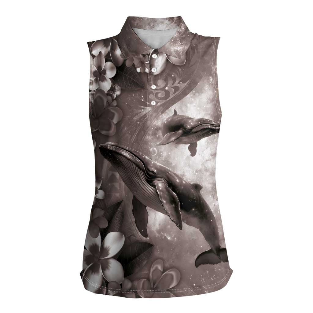 Hawaiian Lei Day Plumeria Humpback Whales Women Sleeveless Polo Shirt Polynesian Art Vibrant Starry Nebula Grayscale Style LT03 Female Art - Polynesian Pride