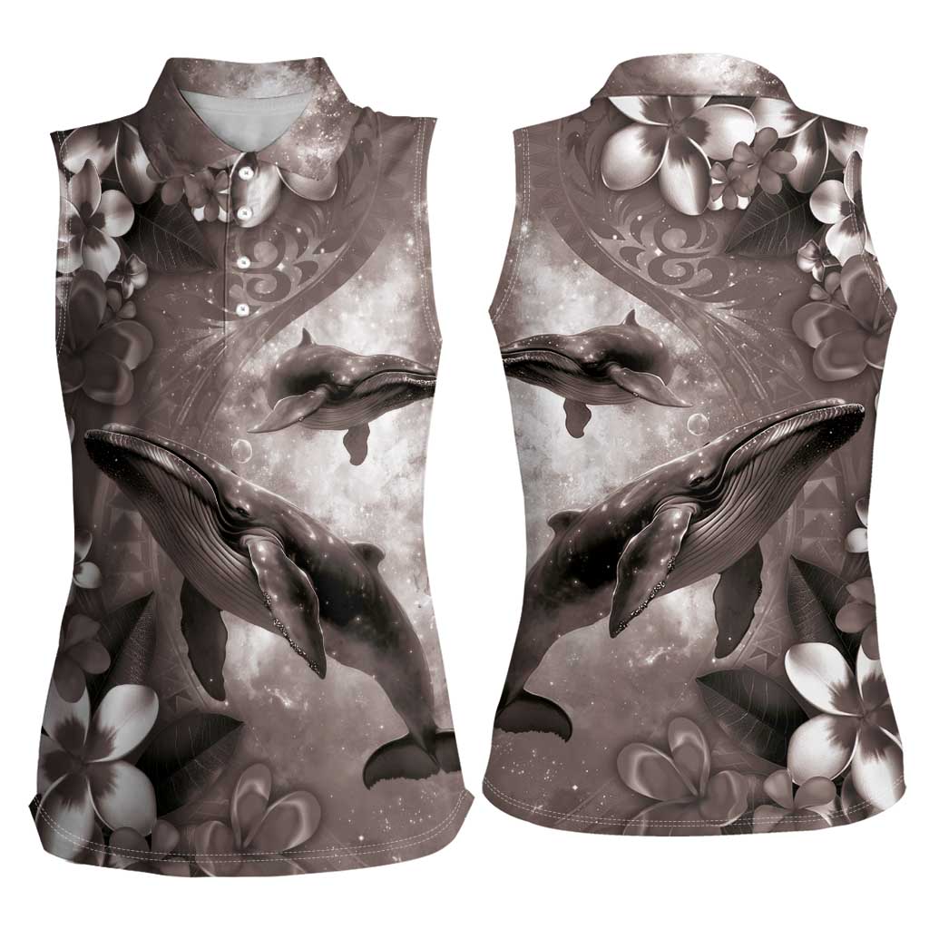 Hawaiian Lei Day Plumeria Humpback Whales Women Sleeveless Polo Shirt Polynesian Art Vibrant Starry Nebula Grayscale Style LT03 - Polynesian Pride