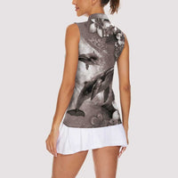 Hawaiian Lei Day Plumeria Humpback Whales Women Sleeveless Polo Shirt Polynesian Art Vibrant Starry Nebula Grayscale Style LT03 - Polynesian Pride