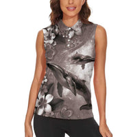 Hawaiian Lei Day Plumeria Humpback Whales Women Sleeveless Polo Shirt Polynesian Art Vibrant Starry Nebula Grayscale Style LT03 - Polynesian Pride