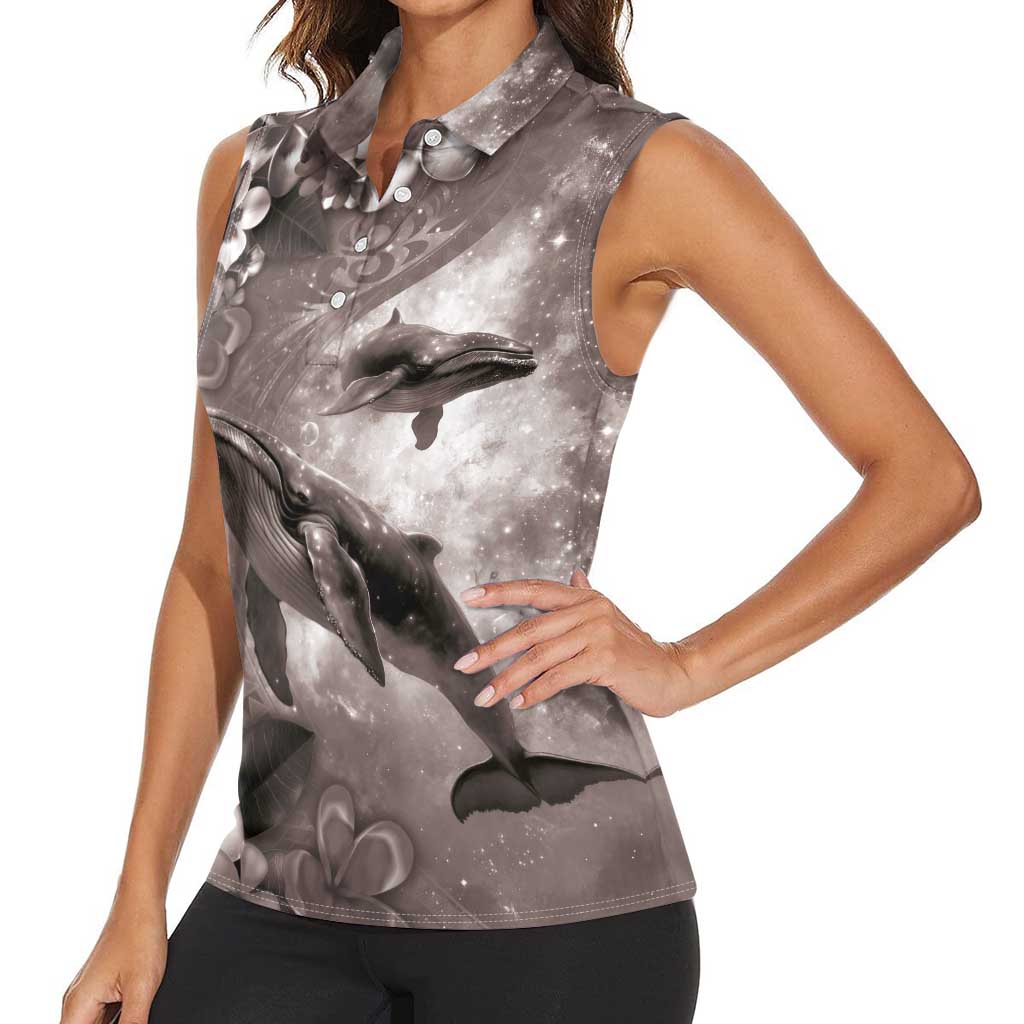 Hawaiian Lei Day Plumeria Humpback Whales Women Sleeveless Polo Shirt Polynesian Art Vibrant Starry Nebula Grayscale Style LT03 - Polynesian Pride