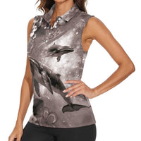 Hawaiian Lei Day Plumeria Humpback Whales Women Sleeveless Polo Shirt Polynesian Art Vibrant Starry Nebula Grayscale Style LT03 - Polynesian Pride