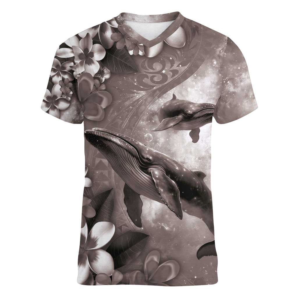 Hawaiian Lei Day Plumeria Humpback Whales Women V-Neck T-Shirt Polynesian Art Vibrant Starry Nebula Grayscale Style LT03 Female Art - Polynesian Pride