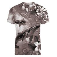 Hawaiian Lei Day Plumeria Humpback Whales Women V-Neck T-Shirt Polynesian Art Vibrant Starry Nebula Grayscale Style LT03 - Polynesian Pride