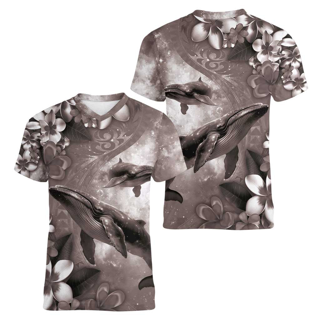 Hawaiian Lei Day Plumeria Humpback Whales Women V-Neck T-Shirt Polynesian Art Vibrant Starry Nebula Grayscale Style LT03 - Polynesian Pride