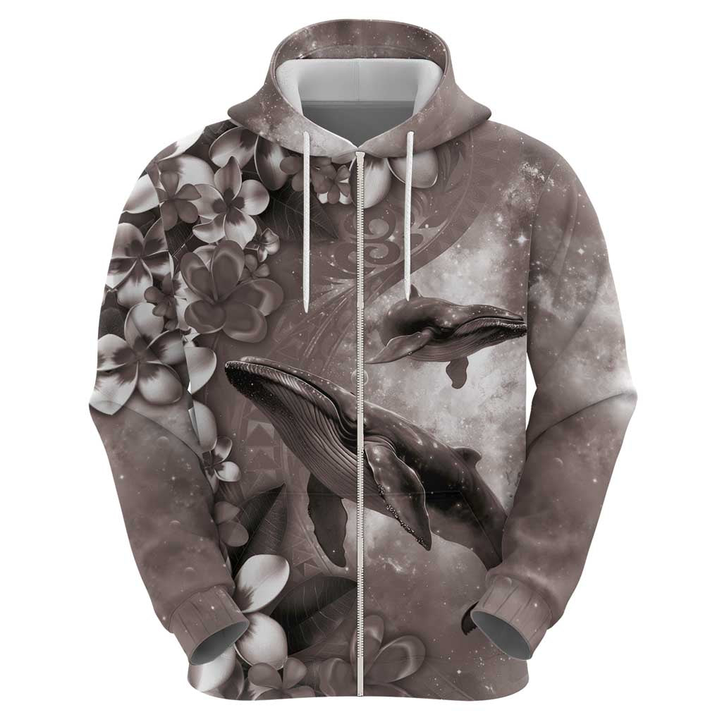 Hawaiian Lei Day Plumeria Humpback Whales Zip Hoodie Polynesian Art Vibrant Starry Nebula Grayscale Style LT03 - Polynesian Pride