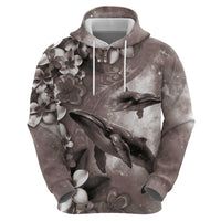 Hawaiian Lei Day Plumeria Humpback Whales Zip Hoodie Polynesian Art Vibrant Starry Nebula Grayscale Style LT03 - Polynesian Pride