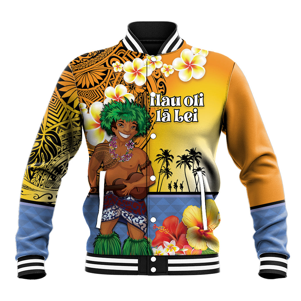 Happy Lei Day Baseball Jacket Hula Male Dancer Polynesian Flower Kakau Pattern LT03 Unisex Yellow - Polynesian Pride