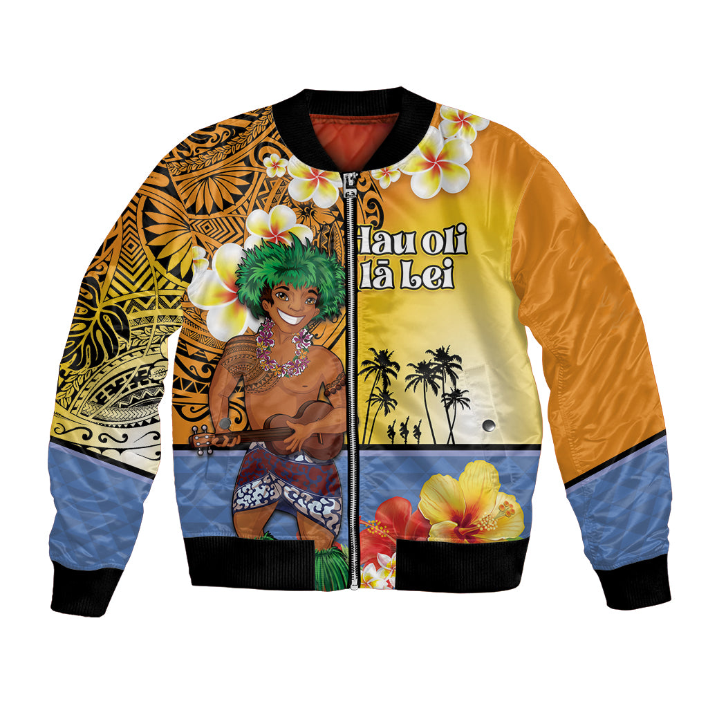 Happy Lei Day Bomber Jacket Hula Male Dancer Polynesian Flower Kakau Pattern LT03 Unisex Yellow - Polynesian Pride