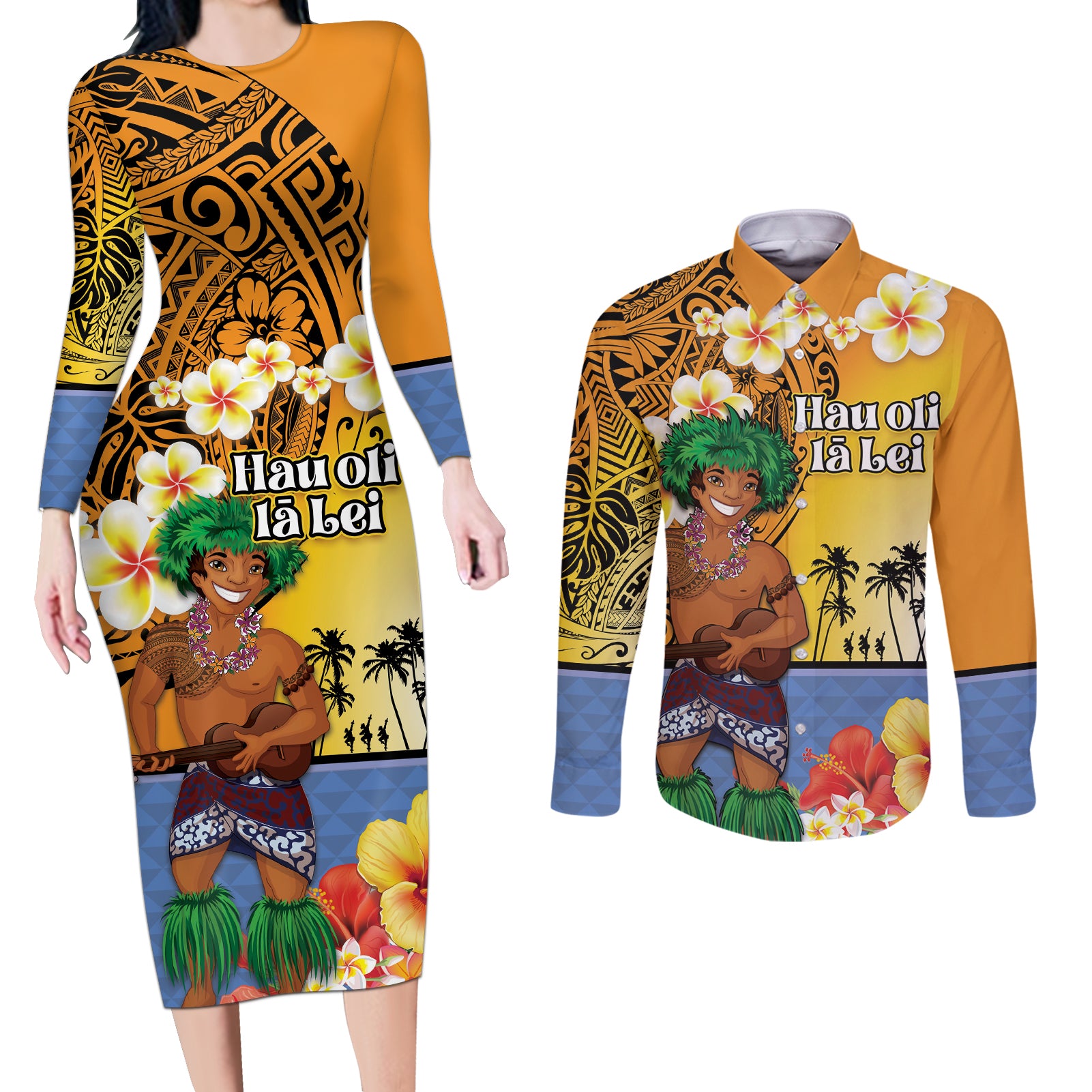 Happy Lei Day Couples Matching Long Sleeve Bodycon Dress and Long Sleeve Button Shirt Hula Male Dancer Polynesian Flower Kakau Pattern