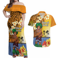 Happy Lei Day Couples Matching Off Shoulder Maxi Dress and Hawaiian Shirt Hula Male Dancer Polynesian Flower Kakau Pattern LT03 Yellow - Polynesian Pride