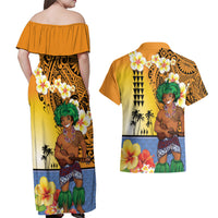 Happy Lei Day Couples Matching Off Shoulder Maxi Dress and Hawaiian Shirt Hula Male Dancer Polynesian Flower Kakau Pattern LT03 - Polynesian Pride