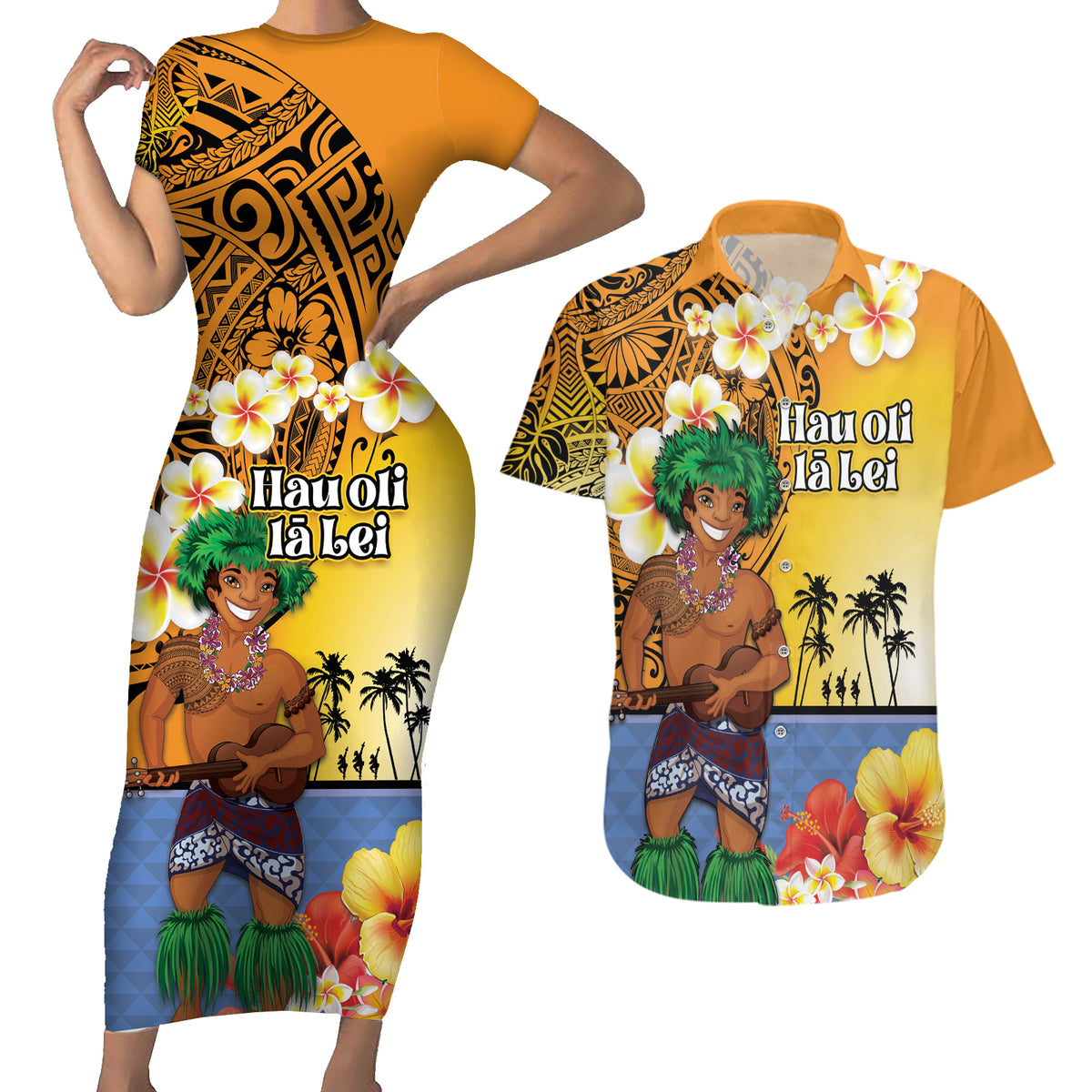 Happy Lei Day Couples Matching Short Sleeve Bodycon Dress and Hawaiian Shirt Hula Male Dancer Polynesian Flower Kakau Pattern LT03 Yellow - Polynesian Pride
