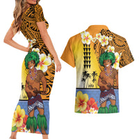 Happy Lei Day Couples Matching Short Sleeve Bodycon Dress and Hawaiian Shirt Hula Male Dancer Polynesian Flower Kakau Pattern LT03 - Polynesian Pride