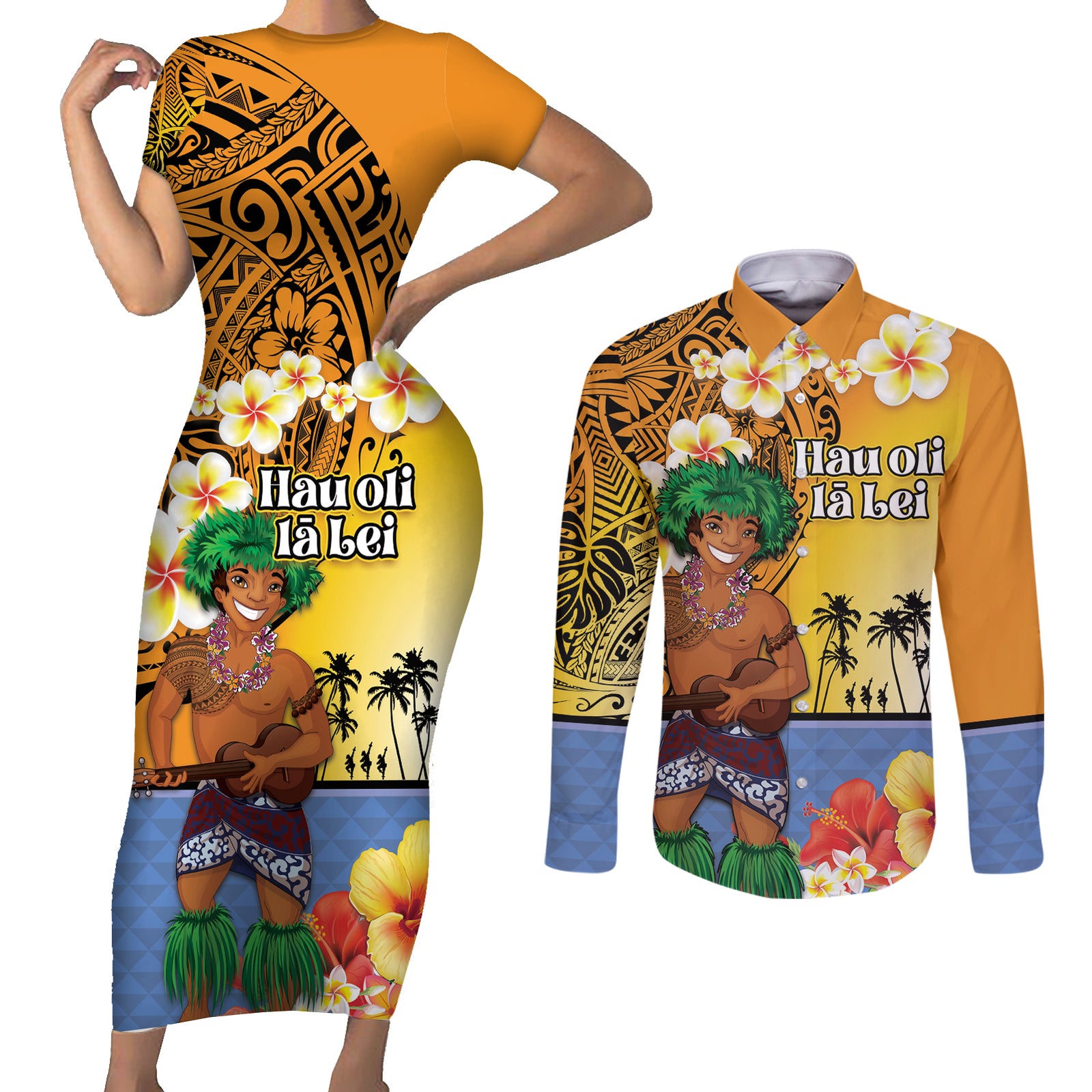 Happy Lei Day Couples Matching Short Sleeve Bodycon Dress and Long Sleeve Button Shirt Hula Male Dancer Polynesian Flower Kakau Pattern