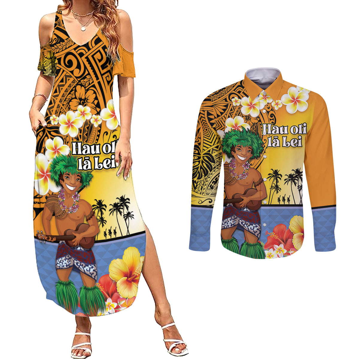 Happy Lei Day Couples Matching Summer Maxi Dress and Long Sleeve Button Shirt Hula Male Dancer Polynesian Flower Kakau Pattern