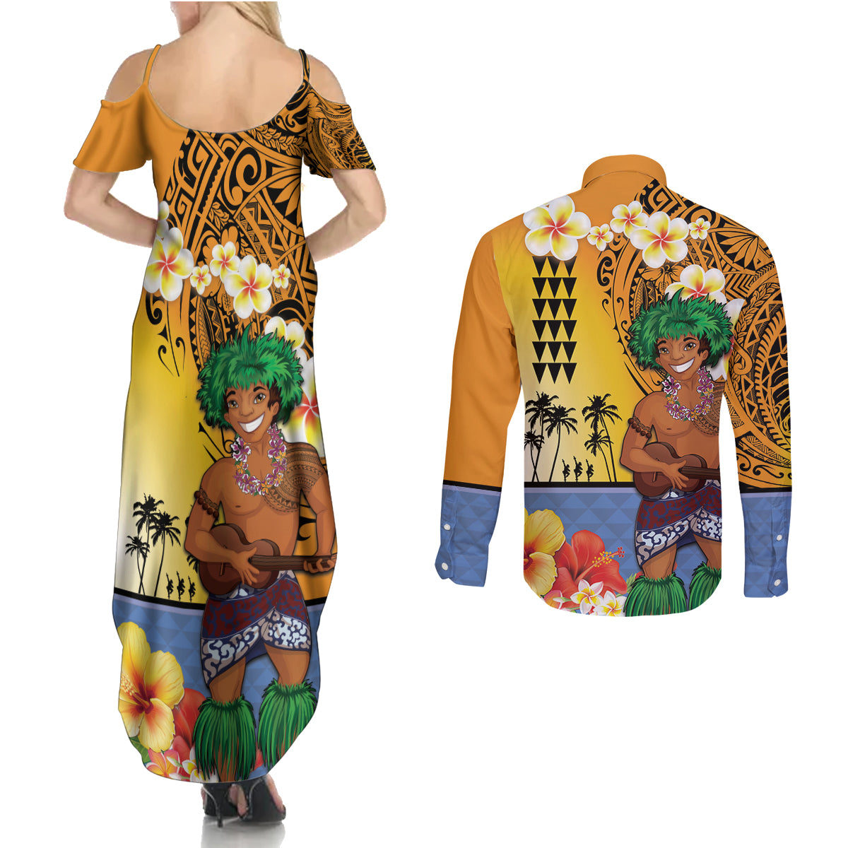 Happy Lei Day Couples Matching Summer Maxi Dress and Long Sleeve Button Shirt Hula Male Dancer Polynesian Flower Kakau Pattern