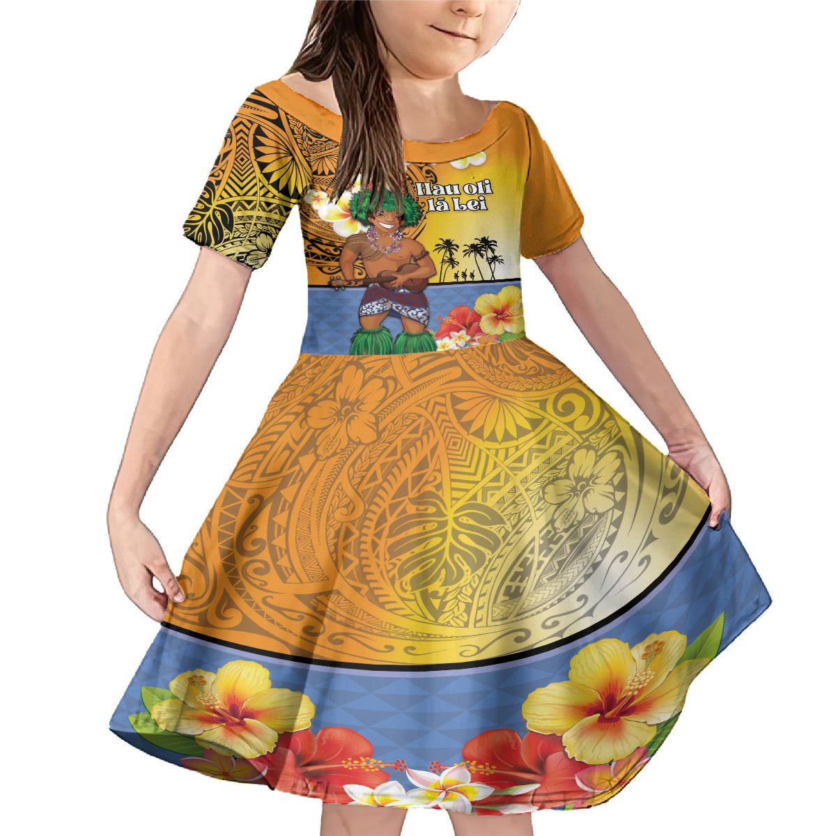 Happy Lei Day Family Matching Mermaid Dress and Hawaiian Shirt Hula Male Dancer Polynesian Flower Kakau Pattern LT03 Daughter's Dress Yellow - Polynesian Pride