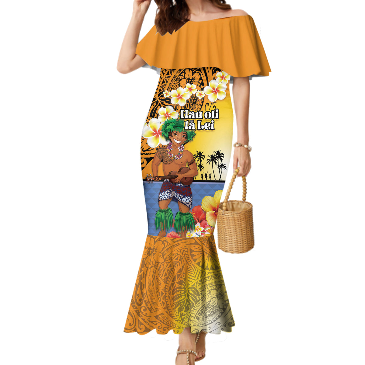 Happy Lei Day Family Matching Mermaid Dress and Hawaiian Shirt Hula Male Dancer Polynesian Flower Kakau Pattern LT03 Mom's Dress Yellow - Polynesian Pride