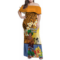 Happy Lei Day Family Matching Off Shoulder Maxi Dress and Hawaiian Shirt Hula Male Dancer Polynesian Flower Kakau Pattern LT03 Mom's Dress Yellow - Polynesian Pride