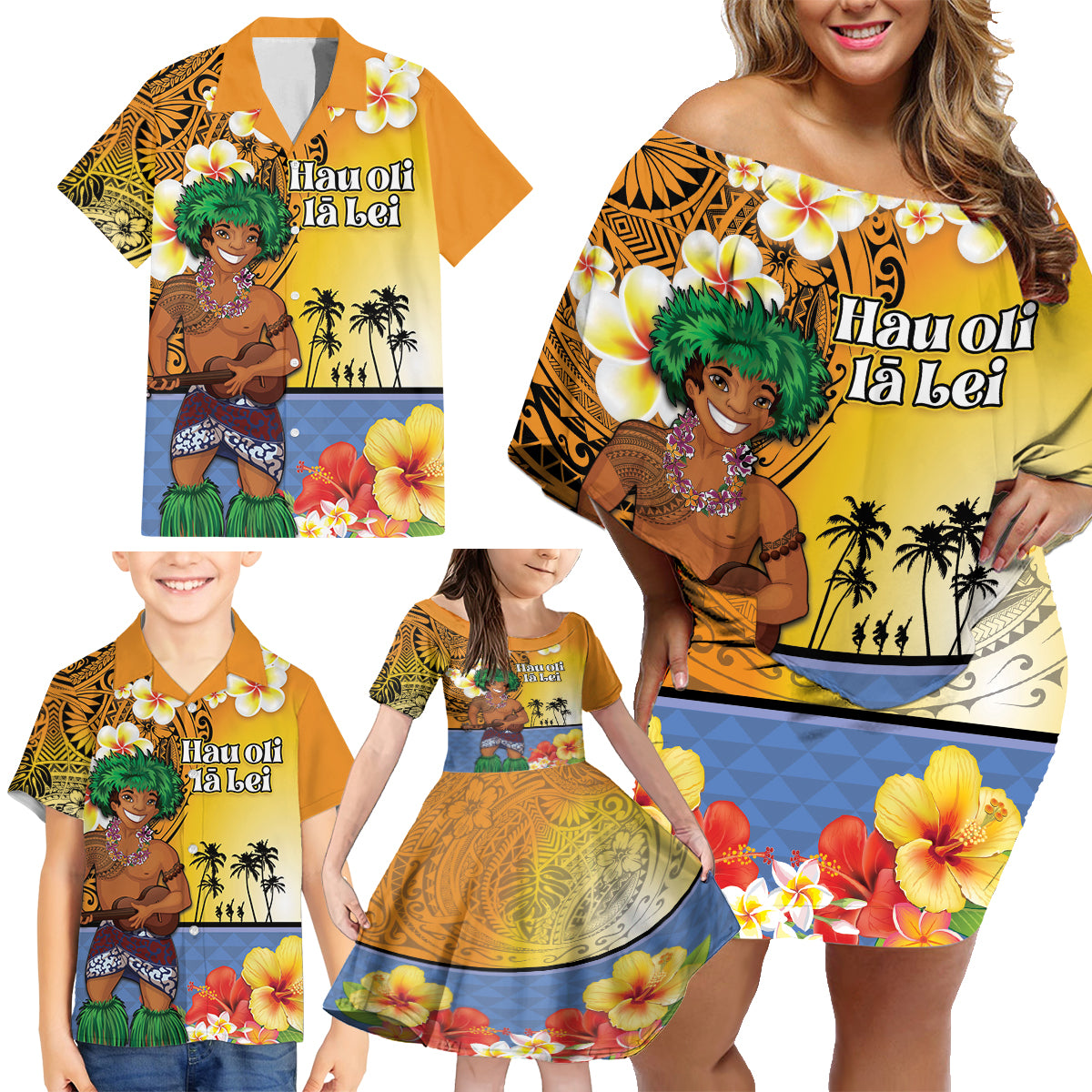 Happy Lei Day Family Matching Off Shoulder Short Dress and Hawaiian Shirt Hula Male Dancer Polynesian Flower Kakau Pattern LT03 - Polynesian Pride