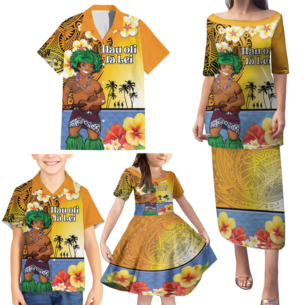Happy Lei Day Family Matching Puletasi and Hawaiian Shirt Hula Male Dancer Polynesian Flower Kakau Pattern LT03 - Polynesian Pride