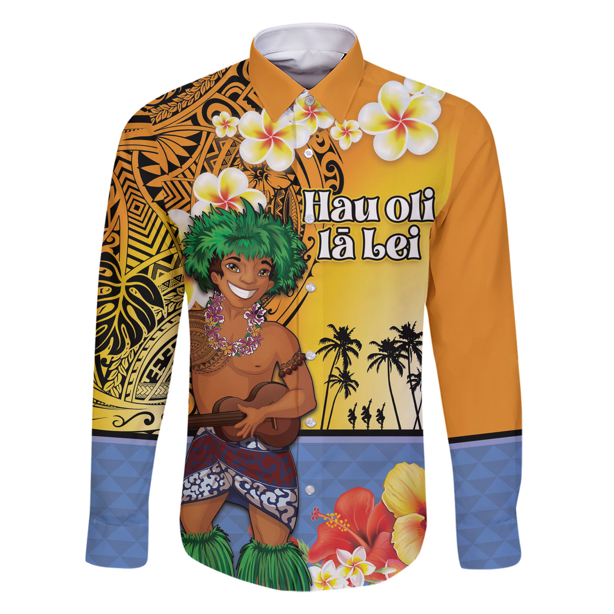 Happy Lei Day Family Matching Short Sleeve Bodycon Dress and Hawaiian Shirt Hula Male Dancer Polynesian Flower Kakau Pattern LT03 Dad's Shirt - Long Sleeve Yellow - Polynesian Pride