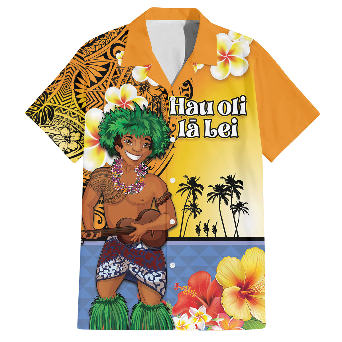 Happy Lei Day Family Matching Summer Maxi Dress and Hawaiian Shirt Hula Male Dancer Polynesian Flower Kakau Pattern LT03 Dad's Shirt - Short Sleeve Yellow - Polynesian Pride