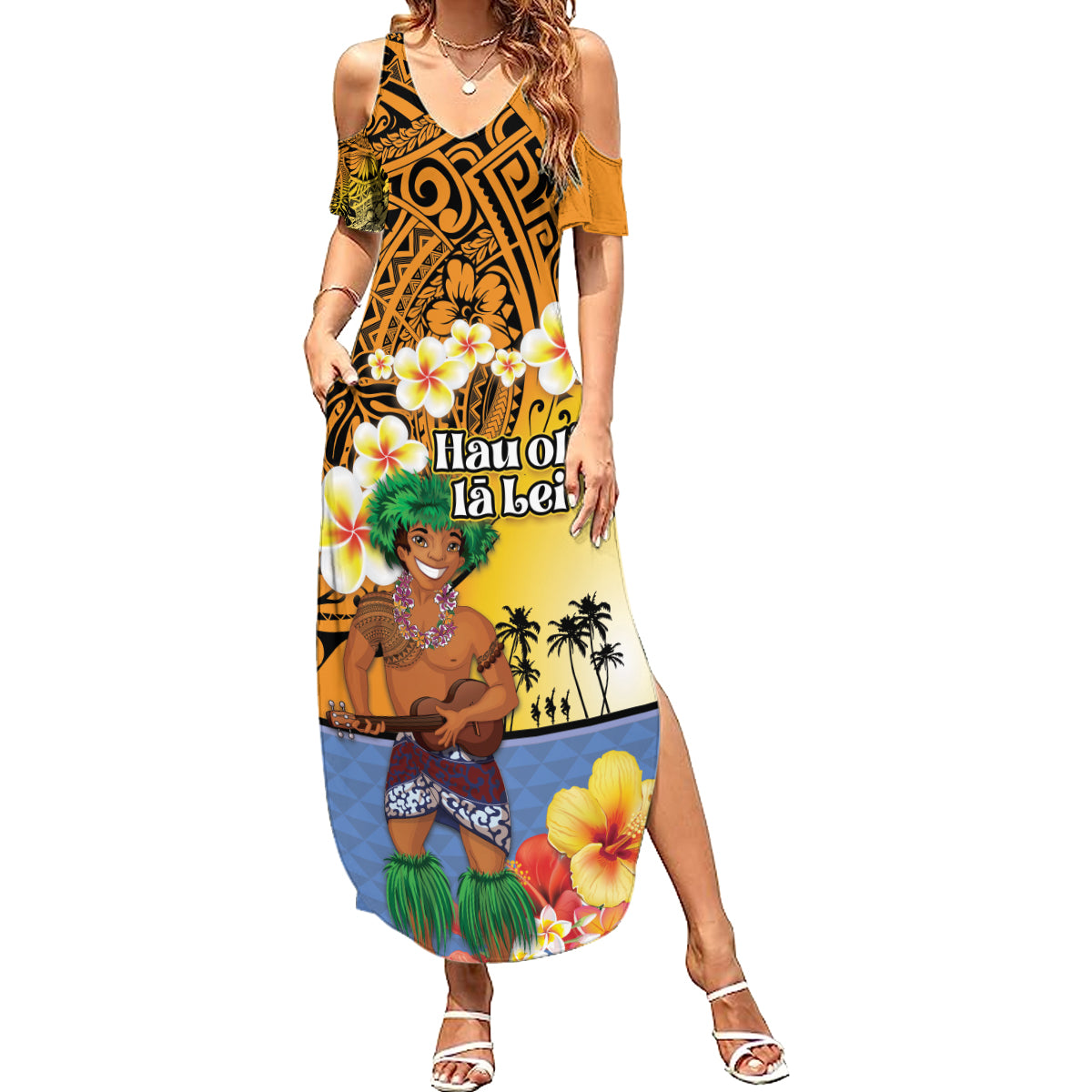 Happy Lei Day Family Matching Summer Maxi Dress and Hawaiian Shirt Hula Male Dancer Polynesian Flower Kakau Pattern LT03 Mom's Dress Yellow - Polynesian Pride