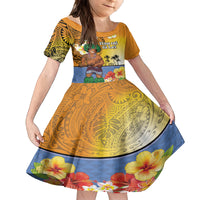 Happy Lei Day Family Matching Tank Maxi Dress and Hawaiian Shirt Hula Male Dancer Polynesian Flower Kakau Pattern LT03 Daughter's Dress Yellow - Polynesian Pride