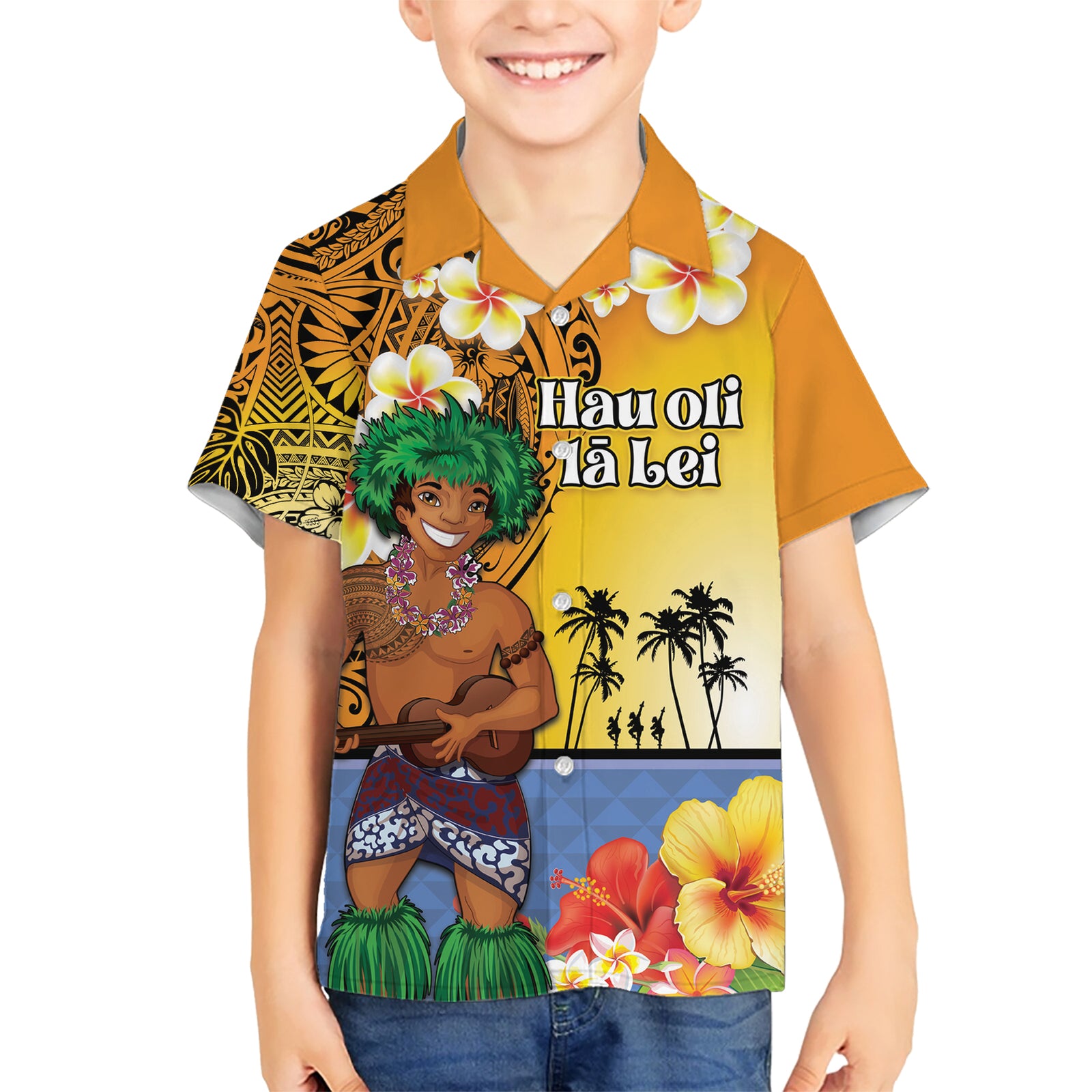 Happy Lei Day Kid Hawaiian Shirt Hula Male Dancer Polynesian Flower Kakau Pattern LT03 Kid Yellow - Polynesian Pride