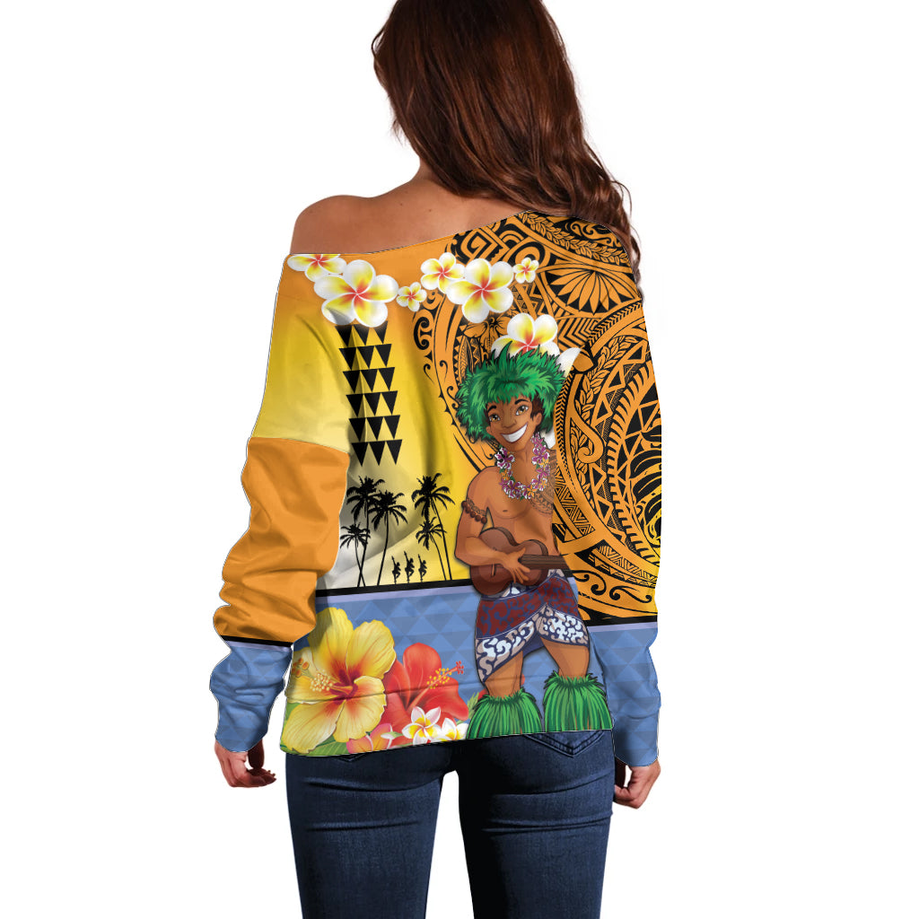 Happy Lei Day Off Shoulder Sweater Hula Male Dancer Polynesian Flower Kakau Pattern