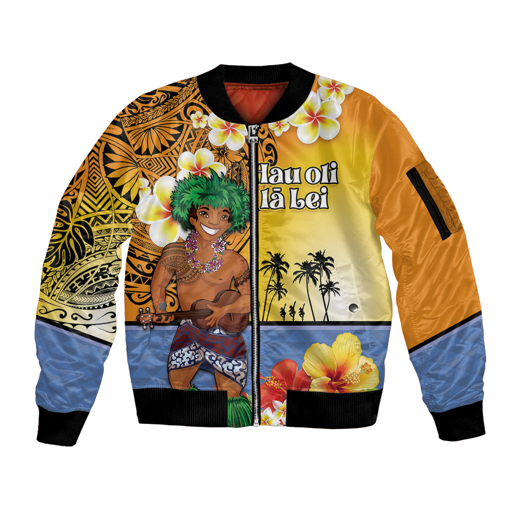 Happy Lei Day Sleeve Zip Bomber Jacket Hula Male Dancer Polynesian Flower Kakau Pattern LT03 Unisex Yellow - Polynesian Pride