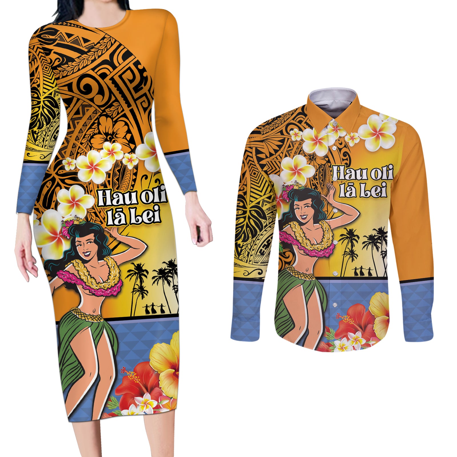 Happy Lei Day Couples Matching Long Sleeve Bodycon Dress and Long Sleeve Button Shirt Hula Girl Polynesian Flower Kakau Pattern