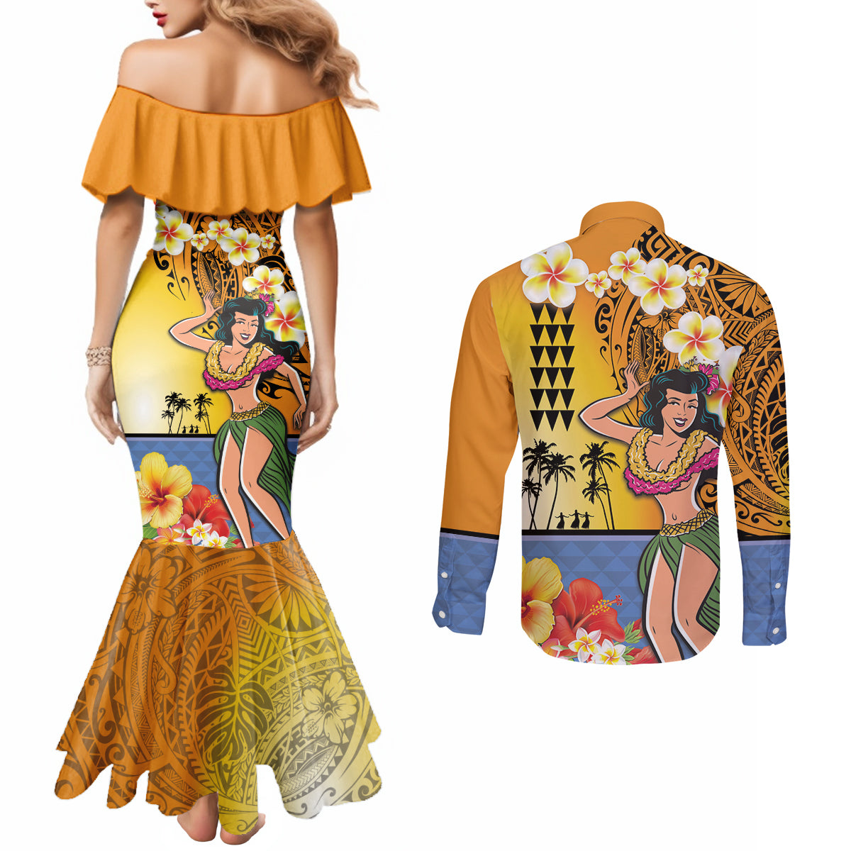Happy Lei Day Couples Matching Mermaid Dress and Long Sleeve Button Shirt Hula Girl Polynesian Flower Kakau Pattern