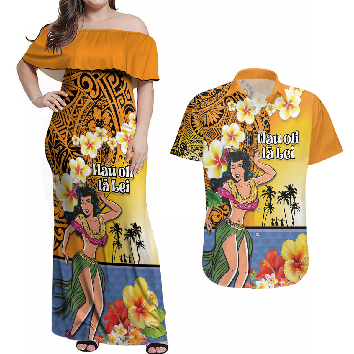 Happy Lei Day Couples Matching Off Shoulder Maxi Dress and Hawaiian Shirt Hula Girl Polynesian Flower Kakau Pattern LT03 Yellow - Polynesian Pride
