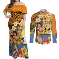 Happy Lei Day Couples Matching Off Shoulder Maxi Dress and Long Sleeve Button Shirt Hula Girl Polynesian Flower Kakau Pattern
