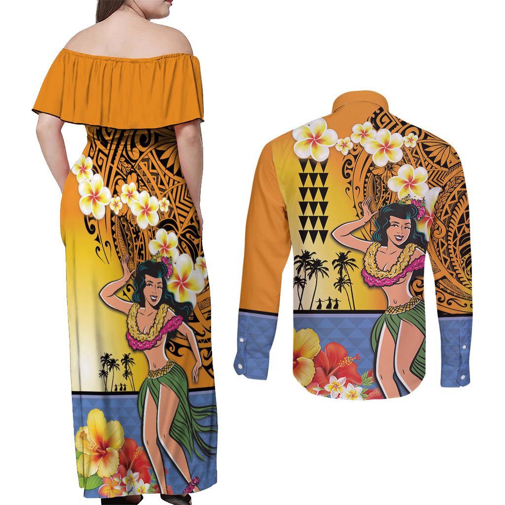 Happy Lei Day Couples Matching Off Shoulder Maxi Dress and Long Sleeve Button Shirt Hula Girl Polynesian Flower Kakau Pattern